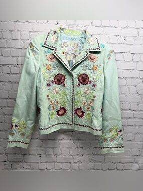 Johnny Was biya Mint Floral Embroidered silk  Jacket size L
